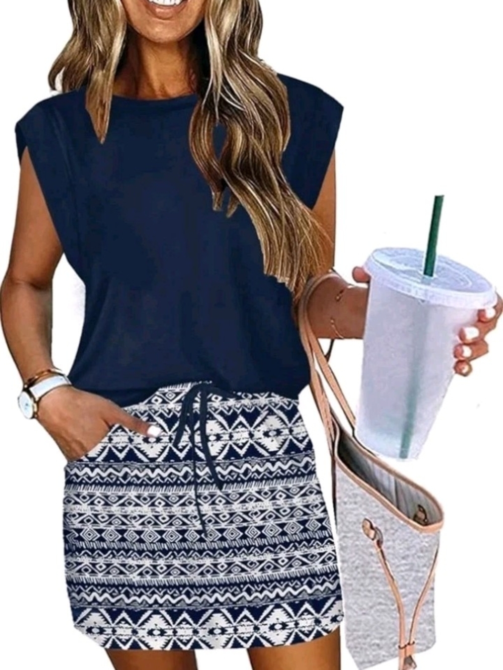 ETCYY NEW Womens Cap Sleeve Summer Dress Crew Neck Tie Front A-Line Dresses Doub